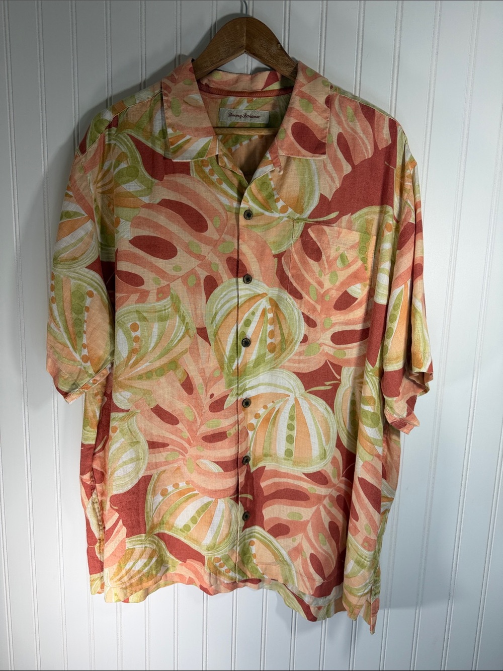 Tommy Bahama Coral, Green & Cream Tropical Button-Up 100% Linen Men’s Shirt XL